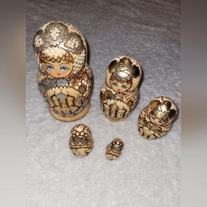 Vintage Bulgarian Nesting Dolls 5pc Wood Burned Pyrography Folk Art Matryoshka